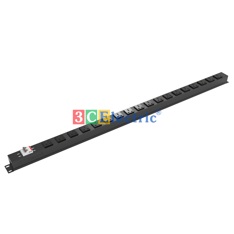 Ổ điện 18 cổng 3 chấu chuẩn đa dụng, lắp dọc tủ rack 36U, có MCB