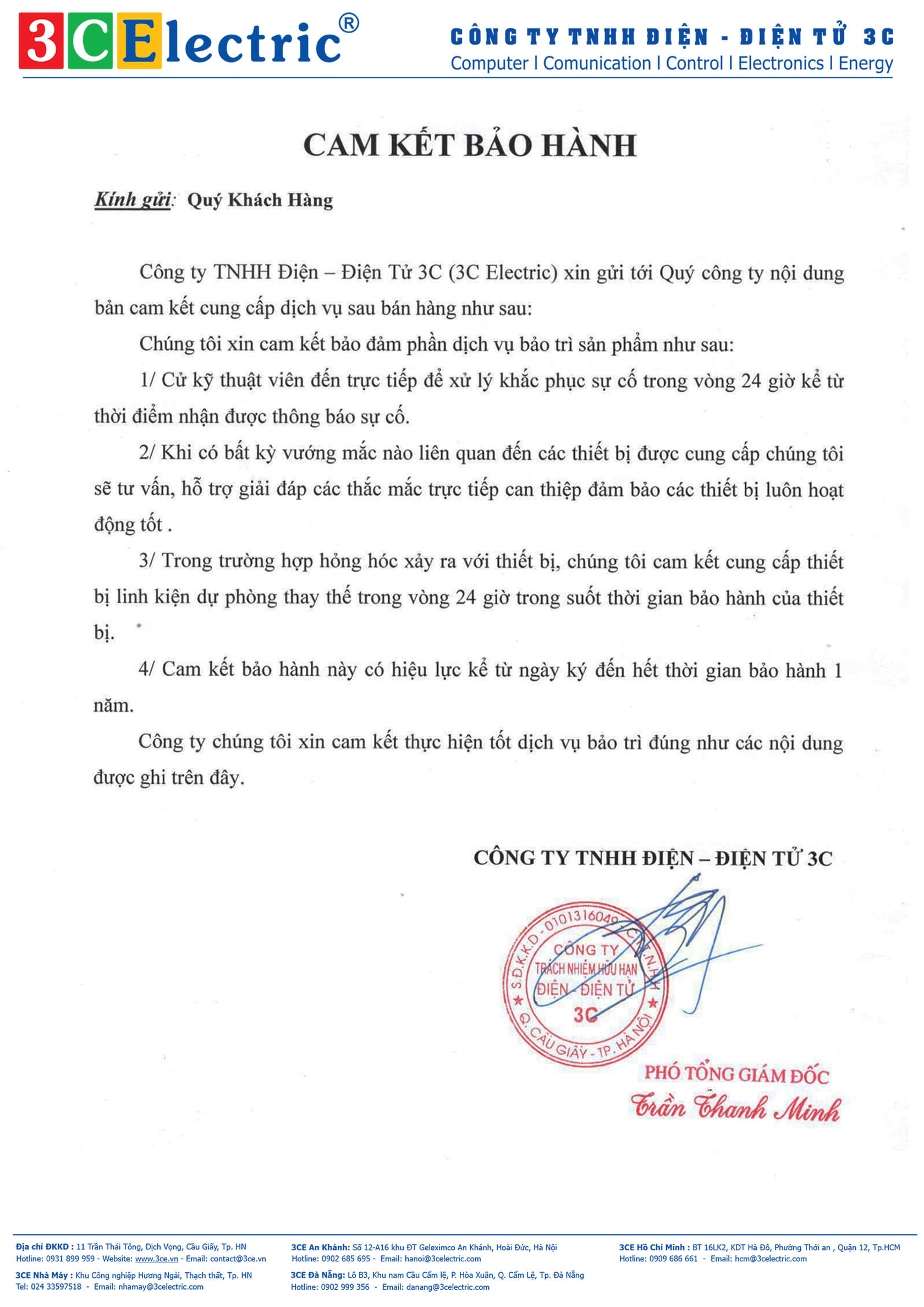 3CElectric cam kết bảo hành sản phẩm