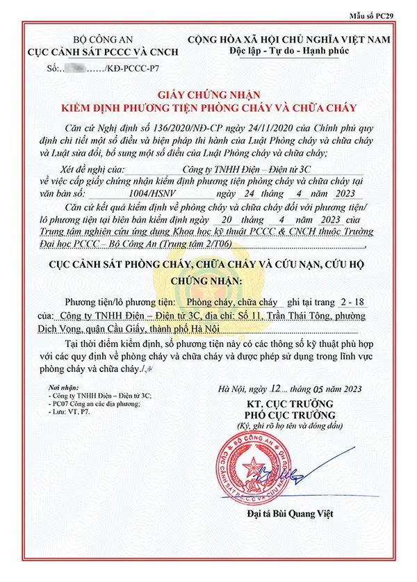giấy chứng nhận kiểm định cửa chống cháy