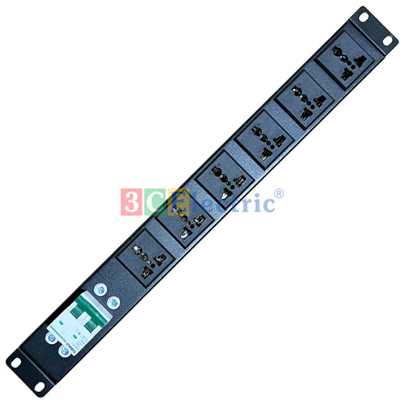 Ổ điện 19″, 06 ổ cắm 3 chấu đa dụng, công suất 20A, MCB 2P 32A